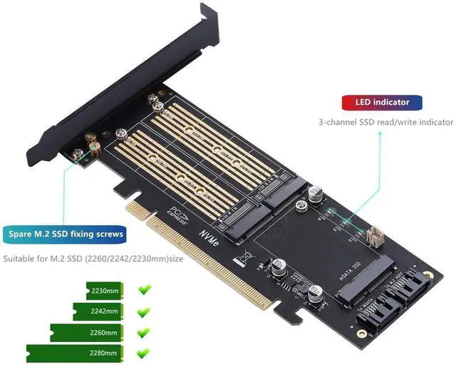 Alt view image 4 of 7 - 3 in 1 M.2 and mSATA SSD Adapter Card for NVME to PCIE, SATA III, and mSATA (With 2 Aluminum Heatsink)