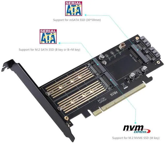 Alt view image 5 of 7 - 3 in 1 M.2 and mSATA SSD Adapter Card for NVME to PCIE, SATA III, and mSATA (With 2 Aluminum Heatsink)