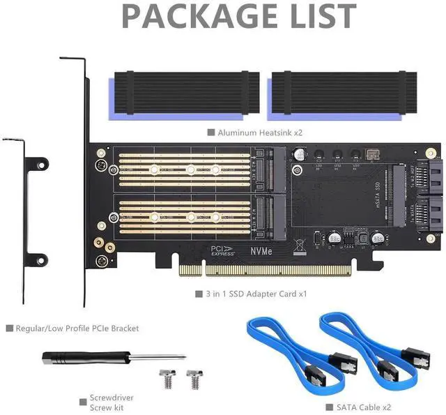 Alt view image 2 of 7 - 3 in 1 M.2 and mSATA SSD Adapter Card for NVME to PCIE, SATA III, and mSATA (With 2 Aluminum Heatsink)