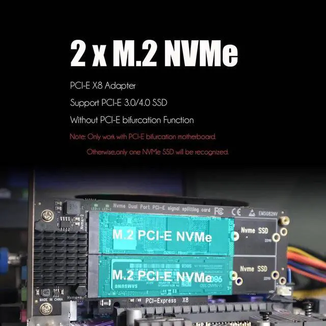 Alt view image 6 of 7 - PA21 Dual M.2 NVMe to PCIe 4.0 X8 Adapter Without PCIe Bifurcation Function, Support 22110/2280/2260/2242/2230 Size (PCIe Bifurcation Motherboard is Required)