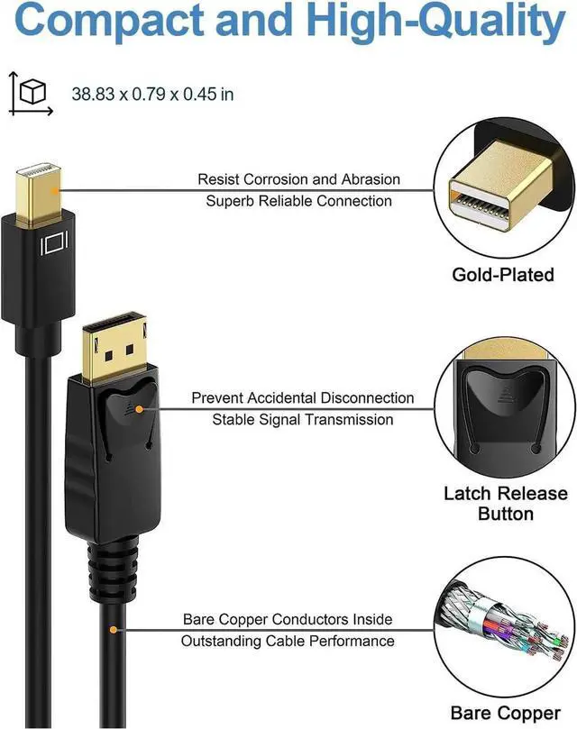 Alt view image 3 of 7 - Mini DisplayPort to DisplayPort Cable, 10 Feet, Gold-Plated DisplayPort to Mini DisplayPort (4K@60Hz, 2K@144Hz) Mini DP to DP Display Cable - Black