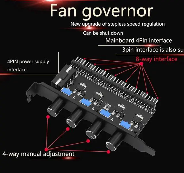 Alt view image 5 of 7 - 4 Knob Cooling Fan Speed Controller PC 8 Channels 12V Fan Hub for CPU Case HDD VGA PWM PCI Bracket- 4Pin Interface Power Supply (4 Pin 4Knob)