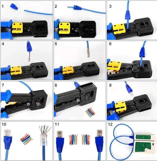 Alt view image 3 of 6 - RJ45 Crimp Tool Kit Pass Thru Cat5 Cat6 RJ45 Crimping Tool with 20PCS RJ45 Cat6 Pass Through Connectors, 20PCS Covers, 1 Network Cable Tester,1 Wire Punch Down Cutter and 1 Mini Screwdriver