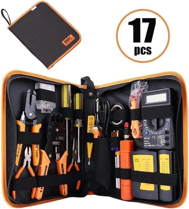 Main image of Computer Tool Kits - Professional 17 in 1 Network Cable Maintenance Tools - RJ45/RJ11/8P8C Connectors, LAN/Cat5e/Cat6 Cable Tester, Soldering Iron, Ethernet Stripping/Crimp Pliers Tool kit