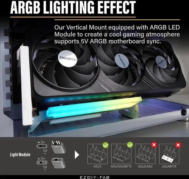 Alt view image 3 of 7 - PCIe 4.0 GPU Mount Bracket with ARGB LED Module, Multi-Angle Adjustment with All White Riser Cable, Compatible to RTX4090, 4080, 4070ti - White