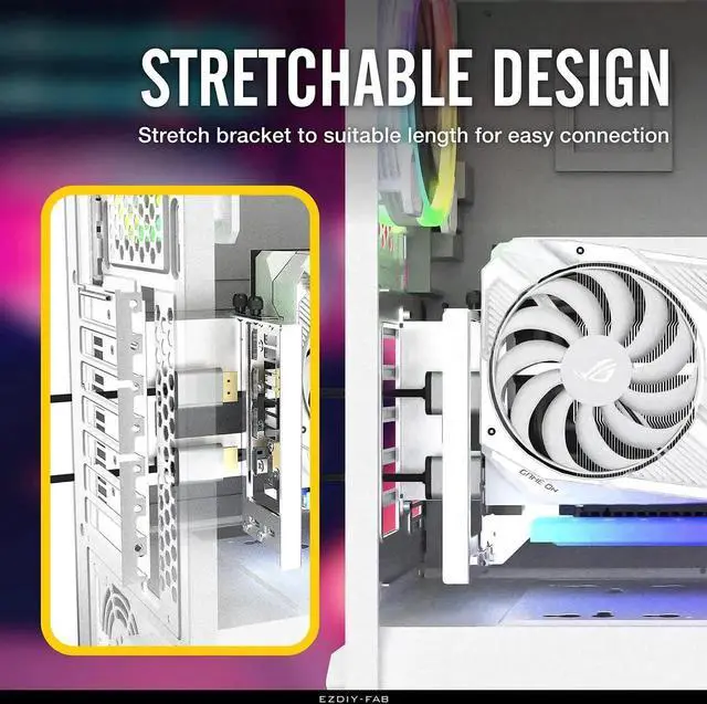 Alt view image 2 of 7 - Vertical PCIe 4.0 GPU Mount Bracket Graphic Card Holder with 5V 3 Pin ARGB LED Module, Video Card VGA Support Kit with PCIe 4.0 X16 Gen4 17cm/6.69in Riser Cable 90 Degree Right Angle- White