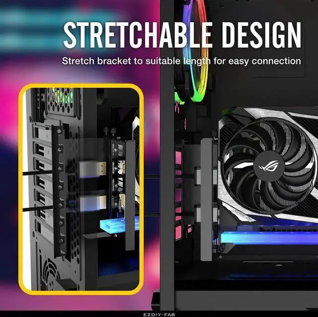 Alt view image 4 of 5 - Vertical PCIe 4.0 GPU Mount Bracket Graphic Card Holder with 5V 3 Pin ARGB LED Module, Video Card VGA Support Kit with PCIe 4.0 X16 Gen4 17cm/6.69in Riser Cable 90 Degree Right Angle- Black