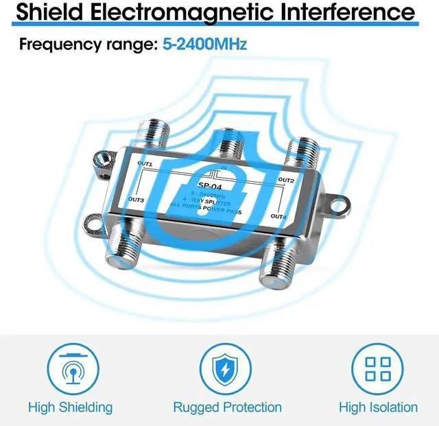 Alt view image 7 of 7 - Digital 4-Way Coaxial Cable Splitter 5-2400MHz, RG6 and RG59 Compatible4 Port Coax Splitter for Satellite, Cable TV, Antenna System, High Speed Internet and MoCA Network
