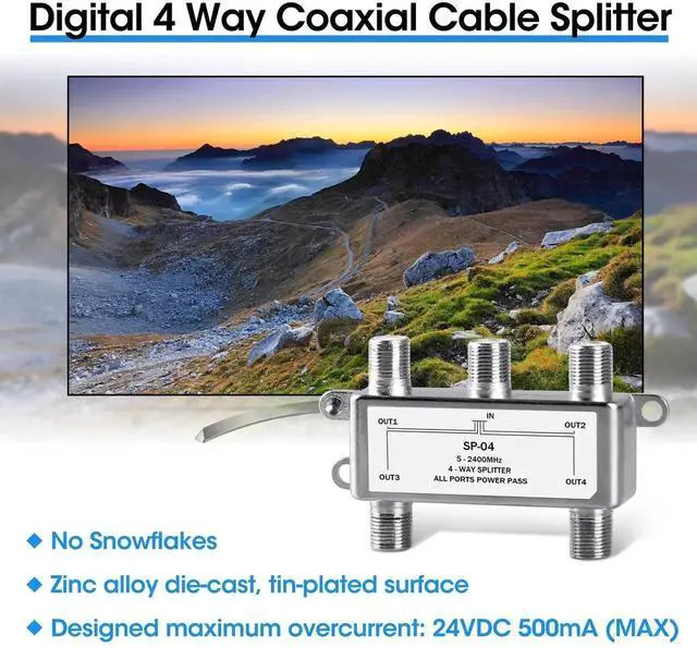 Alt view image 4 of 7 - Digital 4-Way Coaxial Cable Splitter 5-2400MHz, RG6 and RG59 Compatible4 Port Coax Splitter for Satellite, Cable TV, Antenna System, High Speed Internet and MoCA Network
