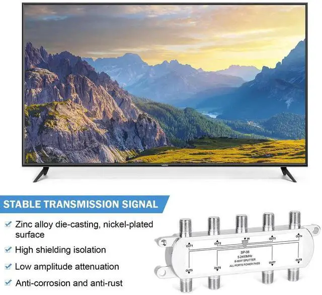 Alt view image 6 of 7 - Digital 8-Way Coaxial Cable Splitter 5-2400MHz, RG6 Compatible, Work with Satellite/Cable TV and Internet, CATV Antenna System.(COAXIAL Cable NOT Included)
