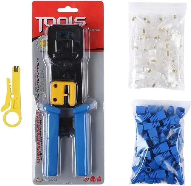 Alt view image 6 of 6 - RJ45 Crimp Tool Pass Through Cat5 Cat5e Cat6 Crimping Tool for RJ45/RJ12 Regular and End-Pass-Through Connectors with 50PCS CAT5 CAT5e Connectors, 50PCS Covers and Mini Wire Stripper