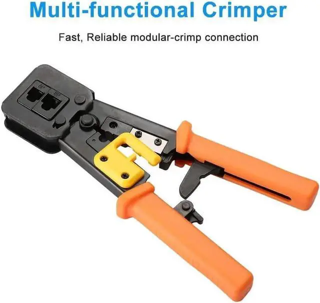 Alt view image 4 of 6 - RJ45 Crimp Tool Pass Through Cat5 Cat5e Cat6 Crimping Tool for RJ45/RJ12 Regular and End-Pass-Through CAT5e Connectors with 50PCS Connectors, 50PCS Covers and Network Wire Stripper