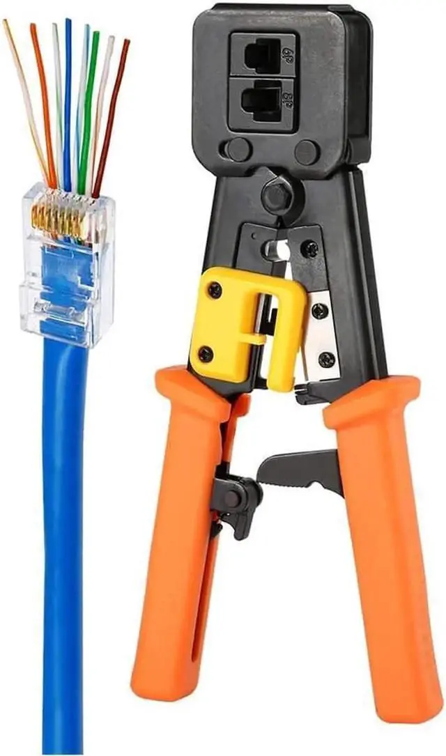 Alt view image 2 of 6 - RJ45 Crimp Tool Pass Through Cat5 Cat5e Cat6 Crimping Tool for RJ45/RJ12 Regular and End-Pass-Through CAT5e Connectors with 50PCS Connectors, 50PCS Covers and Network Wire Stripper