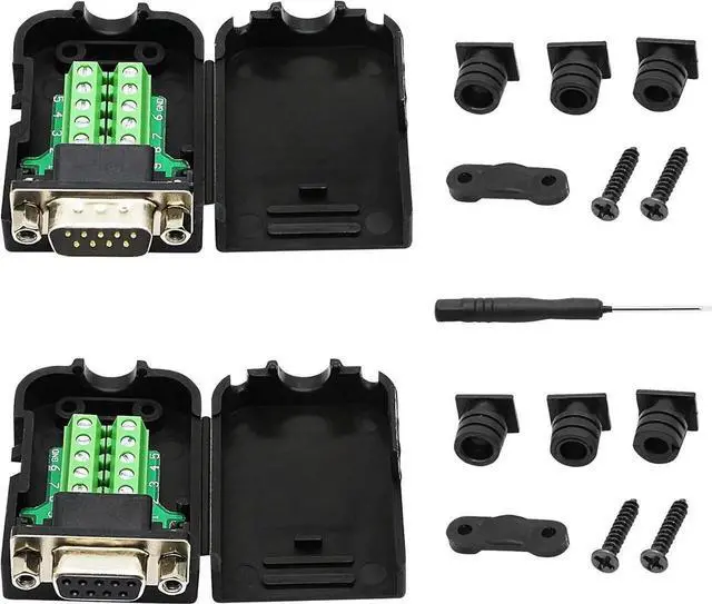 Main image of DB9 Connector Adapter RS232 Serial Port D-SUB Adapter Plate Breakout Board Solder-Free (1-Pair Male+Female with Screwdriver, Black Rubber Core)