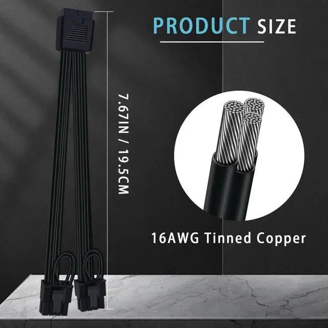 Alt view image 2 of 6 - 12VHPWR Cable Extension, 16 Pin Female to Dual 8 Pin(6+2) Male PCIe Conversion GPU Power Cable for Power Supply with 12+4pin 12VHPWR Port 7.67 in(19.5cm)