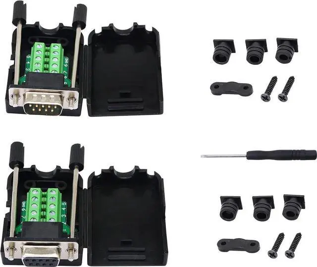 Main image of DB9 Connector Adapter RS232 Serial Port D-SUB Adapter Plate Breakout Board Solder-Free (1-Pair Male+Female with Screwdriver, Black Rubber Core, Long Bolts)