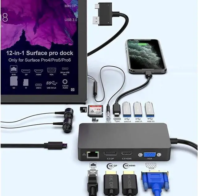 Main image of Surface Pro Dock for Surface Pro 4/Pro 5/Pro 6 USB Hub Docking Station with Gigabit Ethernet, 4K HDMI VGA DP Display, 3xUSB 3.0, Audio Out, USB C, SD/TF Card Slot Combo Dock Only for Surface Pro 4/5/6