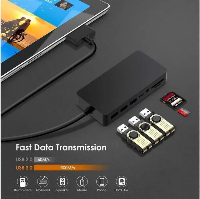 Alt view image 2 of 7 - Surface Pro Dock for Surface Pro 4/Pro 5/Pro 6 USB Hub Docking Station with Gigabit Ethernet, 4K HDMI VGA DP Display, 3xUSB 3.0, Audio Out, USB C, SD/TF Card Slot Combo Dock Only for Surface Pro 4/5/6