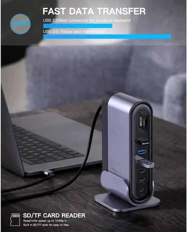 Alt view image 4 of 7 - BASEUS USB-C 4K Triple Display Docking Station, Baseus USB C Dock Universal Docking Station with 3 HDMI 4K, Audio, Ethernet, 5 USB Ports, 100W USB-C PD, SD/TF Card Reader for Windows, PC, Mac, Laptops