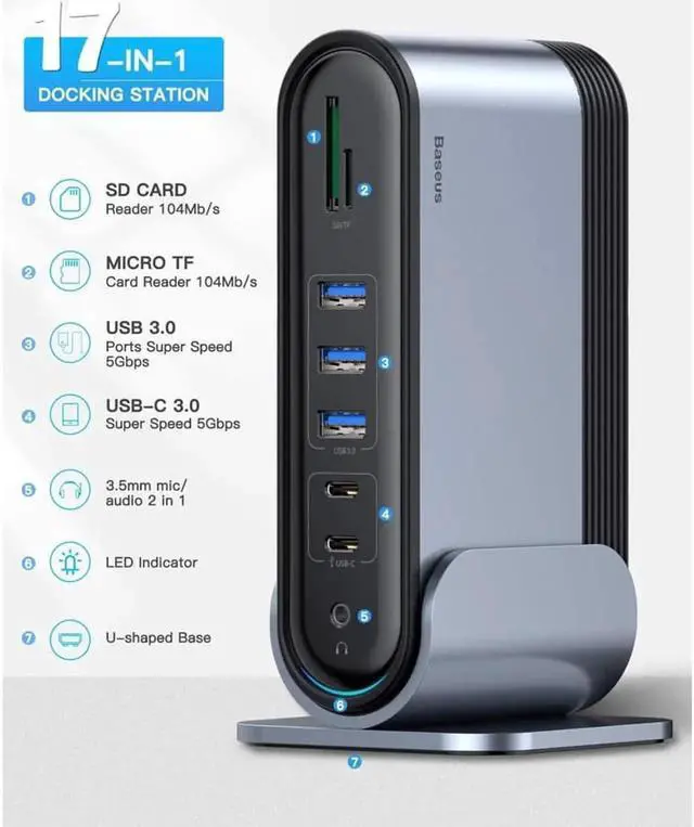 Alt view image 6 of 7 - BASEUS USB-C 4K Triple Display Docking Station, Baseus USB C Dock Universal Docking Station with 3 HDMI 4K, Audio, Ethernet, 5 USB Ports, 100W USB-C PD, SD/TF Card Reader for Windows, PC, Mac, Laptops