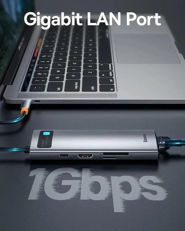 Alt view image 3 of 6 - Baseus 8-in-1 USB C Hub Docking Station, USB C Adapter with 4K HDMI, 3 USB 3.0, TF/SD Reader, Ethernet, 100W Power Delivery Compatible with MacBook, Surface, iPad, Steam Deck or Other Type C Devices