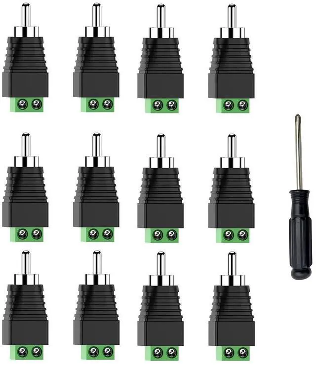 Main image of RCA Speaker Wire Connector, Speaker Wire to RCA Adapter, Phono RCA Male Plug Solderless Converter Audio/Video Speaker Wire Connectors Solderless Adapter - 12 Pack(Package Includes Screwdriver)