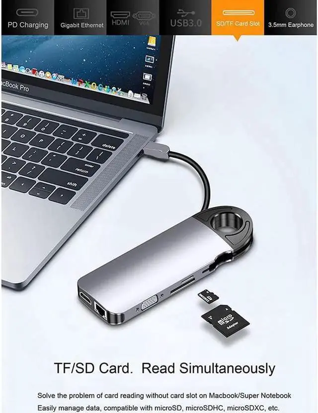 Alt view image 3 of 7 - USB Type C Docking Station Hub Multiport Adapter,10 in 1 Dongle,4K@60Hz USB-C Laptop Docking Station,USB C to HDMI,VGA,3*USB3.0,PD,Gigabit Ethernet,3.5mm Audio,TF/SD for MacBook,Dell,Surface,HP