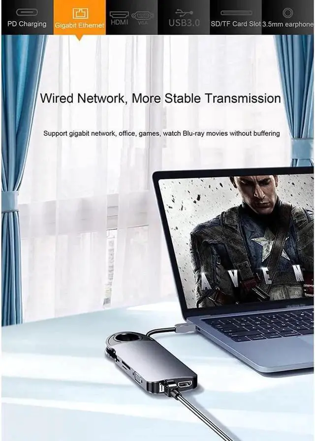 Alt view image 6 of 7 - USB Type C Docking Station Hub Multiport Adapter,10 in 1 Dongle,4K@60Hz USB-C Laptop Docking Station,USB C to HDMI,VGA,3*USB3.0,PD,Gigabit Ethernet,3.5mm Audio,TF/SD for MacBook,Dell,Surface,HP