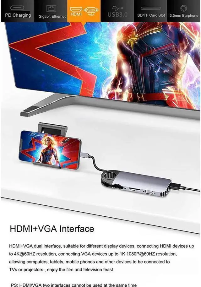 Alt view image 2 of 7 - USB Type C Docking Station Hub Multiport Adapter,10 in 1 Dongle,4K@60Hz USB-C Laptop Docking Station,USB C to HDMI,VGA,3*USB3.0,PD,Gigabit Ethernet,3.5mm Audio,TF/SD for MacBook,Dell,Surface,HP