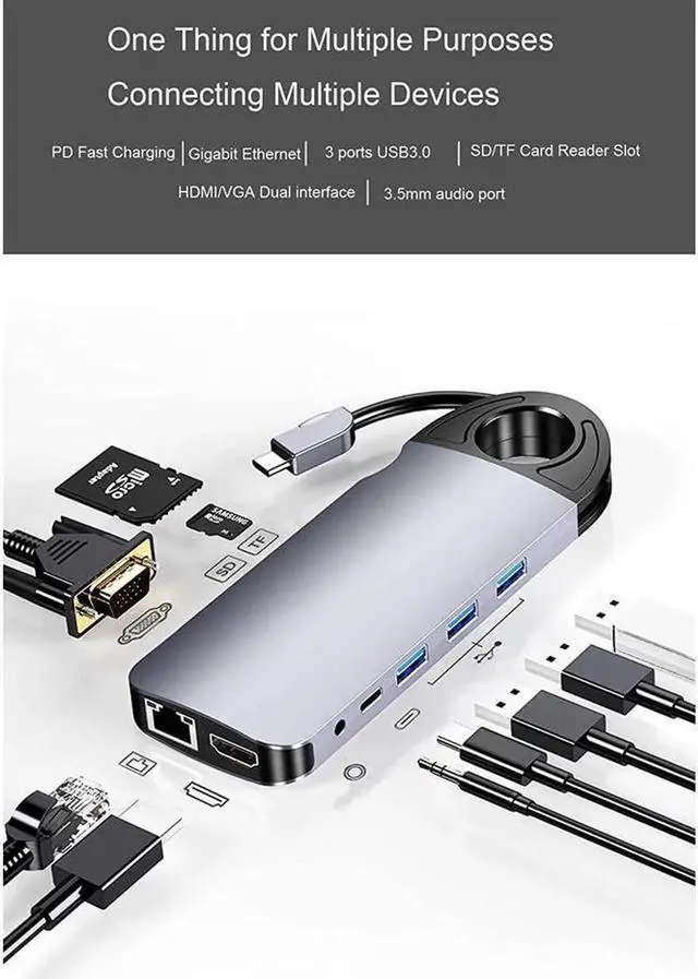 Alt view image 7 of 7 - USB Type C Docking Station Hub Multiport Adapter,10 in 1 Dongle,4K@60Hz USB-C Laptop Docking Station,USB C to HDMI,VGA,3*USB3.0,PD,Gigabit Ethernet,3.5mm Audio,TF/SD for MacBook,Dell,Surface,HP