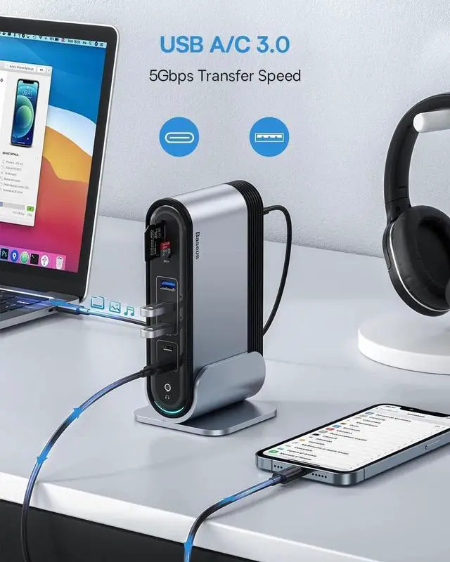 Alt view image 3 of 7 - Baseus 17-in-1 USB C Docking Station to Cast on 3 Monitors with 100W PD USB-C Port, 4K HDMI*3, USB 3.0 * 5, LAN, SD/TF Cards Reader, Audio Port for Windows, Mac Laptop