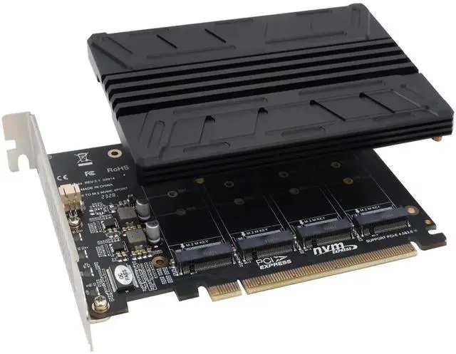 Main image of Quad NVMe PCIe Adapter M.2 NVMe SSD to PCI-e 4.0 3.0 x16 Card with Individual LED Indicator Heat Sink Support 2230 2242 2260 2280 NVMe SSD (PCI-e Bifurcation Required)