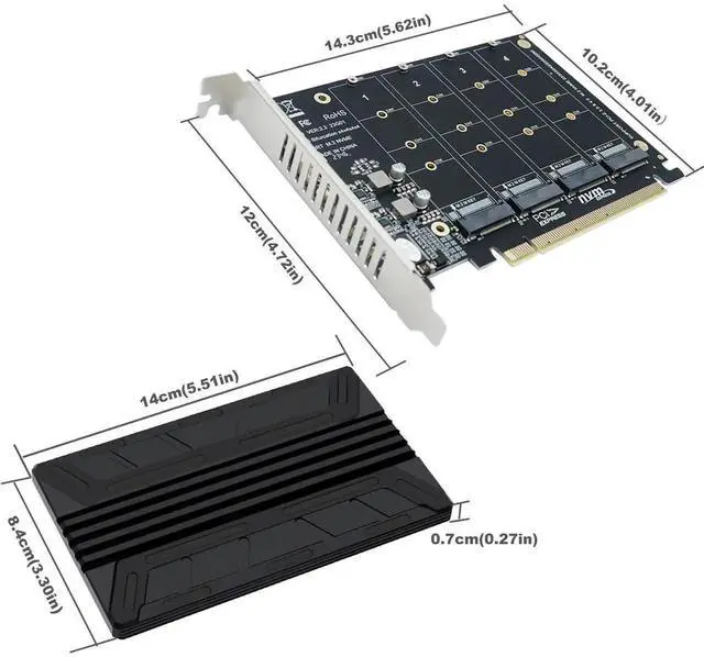 Alt view image 7 of 7 - Quad NVMe PCIe Adapter M.2 NVMe SSD to PCI-e 4.0 3.0 x16 Card with Individual LED Indicator Heat Sink Support 2230 2242 2260 2280 NVMe SSD (PCI-e Bifurcation Required)