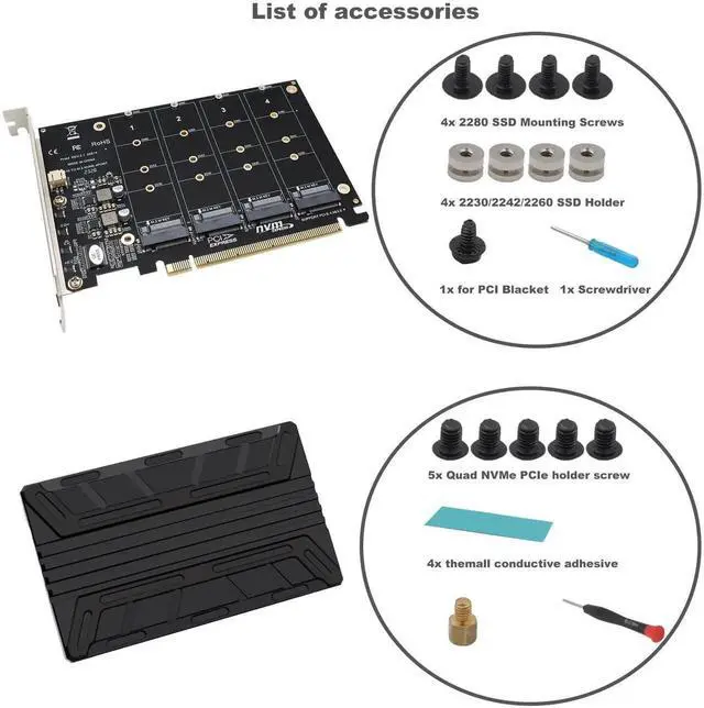 Alt view image 3 of 7 - Quad NVMe PCIe Adapter M.2 NVMe SSD to PCI-e 4.0 3.0 x16 Card with Individual LED Indicator Heat Sink Support 2230 2242 2260 2280 NVMe SSD (PCI-e Bifurcation Required)