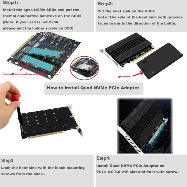 Alt view image 4 of 7 - Quad NVMe PCIe Adapter M.2 NVMe SSD to PCI-e 4.0 3.0 x16 Card with Individual LED Indicator Heat Sink Support 2230 2242 2260 2280 NVMe SSD (PCI-e Bifurcation Required)