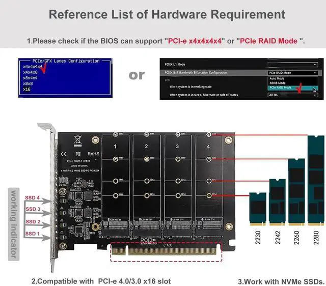 Alt view image 6 of 7 - Quad NVMe PCIe Adapter M.2 NVMe SSD to PCI-e 4.0 3.0 x16 Card with Individual LED Indicator Heat Sink Support 2230 2242 2260 2280 NVMe SSD (PCI-e Bifurcation Required)
