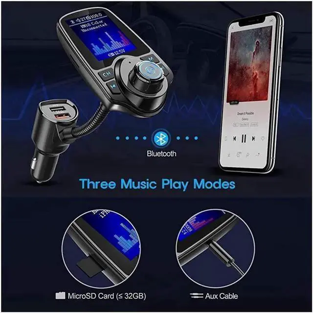 Alt view image 3 of 6 - Wireless in-Car Bluetooth FM Transmitter Radio Adapter Car Kit,1.8 Inch Display Supports TF/SD Card andQC3.0 & 5V/2.4A Charging for All Smartphones Audio Players - KM18 [Upgraded Version]