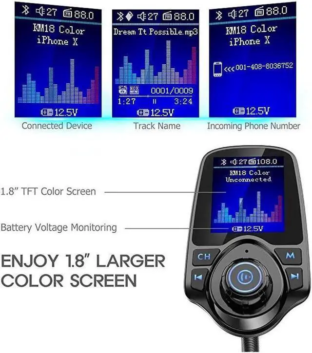 Alt view image 6 of 6 - Wireless in-Car Bluetooth FM Transmitter Radio Adapter Car Kit,1.8 Inch Display Supports TF/SD Card andQC3.0 & 5V/2.4A Charging for All Smartphones Audio Players - KM18 [Upgraded Version]