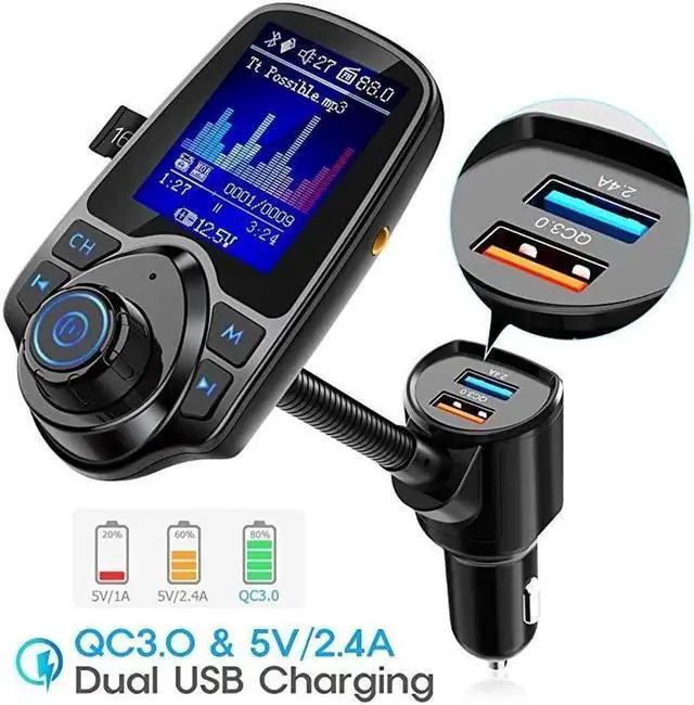 Alt view image 4 of 6 - Wireless in-Car Bluetooth FM Transmitter Radio Adapter Car Kit,1.8 Inch Display Supports TF/SD Card andQC3.0 & 5V/2.4A Charging for All Smartphones Audio Players - KM18 [Upgraded Version]