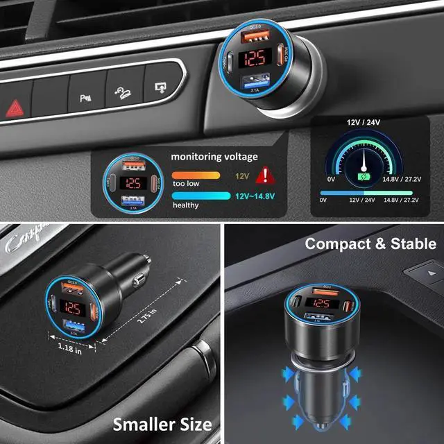 Alt view image 4 of 7 - 3 Pack USB C Car Charger, 4-Port 65W Dual 12V USB-A & USBC Cigarette Lighter Adapter Plug with Voltmeter PD/QC 3.0 Fast Charging Car Phone Charger for iPhone 16e 15 14 13 12 11 Pro Max, Android