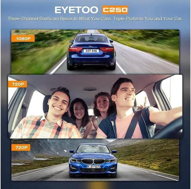 Alt view image 3 of 7 - 3 Channel Dash Cam 3 Channel 1080P+720P+720P Car Dvr Camera Driving Recorder,2.45Inch Car Camera,24/7 Parking Mode,Night Vision,Loop Recording,G-sensor,Seamless 1080P Video,HDR,Support 64GB Max