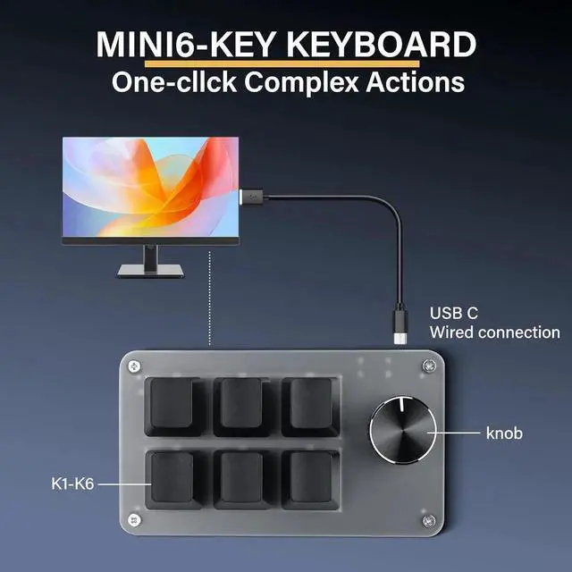 Alt view image 7 of 7 - Mini Macro Programmable Keyboard USB Mini 6 Key 1 Knob Mechanical OSU Gaming Keyboard RGB DIY Multi-Function Keyboard Compatible with Mac OS, Windows (Black)