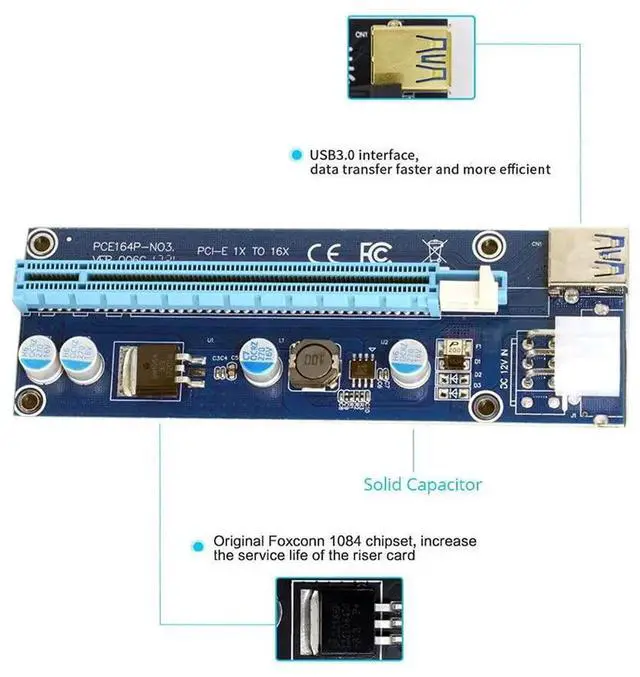 Alt view image 7 of 7 - PCI-E 1x to 16x Mining Machine Enhanced Extender Riser Adapter with USB 3.0 & 6Pin Power Cable