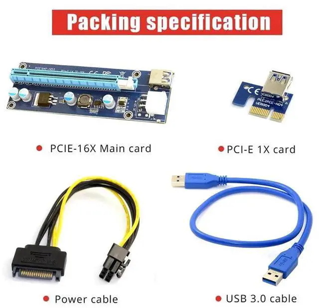 Alt view image 2 of 7 - PCI-E 1x to 16x Mining Machine Enhanced Extender Riser Adapter with USB 3.0 & 6Pin Power Cable