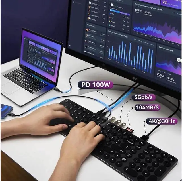 Alt view image 2 of 7 - USB C Hub Wired Keyboard with Number Pad for Mac, 9 in 1 USB C Docking Station with 4K HDMI, 4 USB Ports, 100W PD, SD/TF Cards Reader, Full-Size Aluminum Keyboard for MacBook/Windows/Android