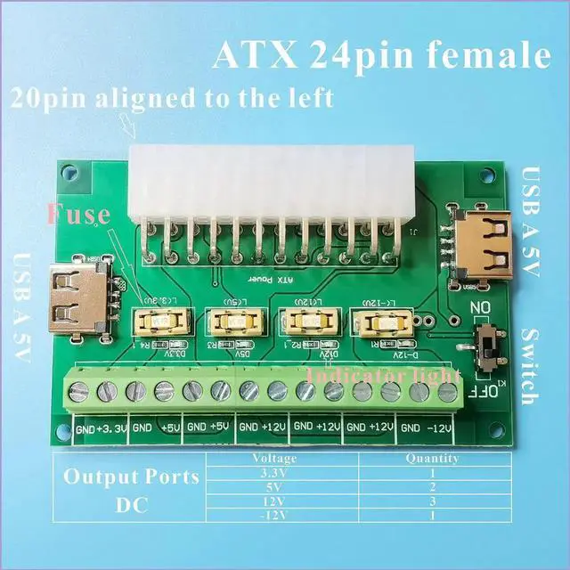 Alt view image 2 of 6 - PSU Breakout Board ATX Power Supply DC 12V 5V 3.3V Splitter Module Desktop Adapter to USB A Hub Connector Computer Power Source Multi Port Output DIY Parent Child Electronic Kit with High Current Fuse
