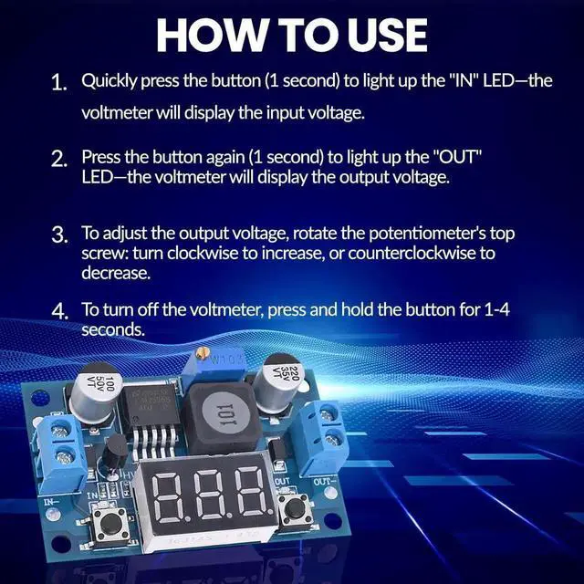 Alt view image 4 of 7 - LM2596 Adjustable DC-DC Step-Down Buck Converter Module with LED Voltmeter Display, Voltage Regulator 4.0-40V Input to 1.25-37V Output Power Supply Module (Pack of 10)
