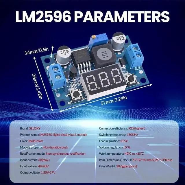 Alt view image 2 of 7 - LM2596 Adjustable DC-DC Step-Down Buck Converter Module with LED Voltmeter Display, Voltage Regulator 4.0-40V Input to 1.25-37V Output Power Supply Module (Pack of 10)