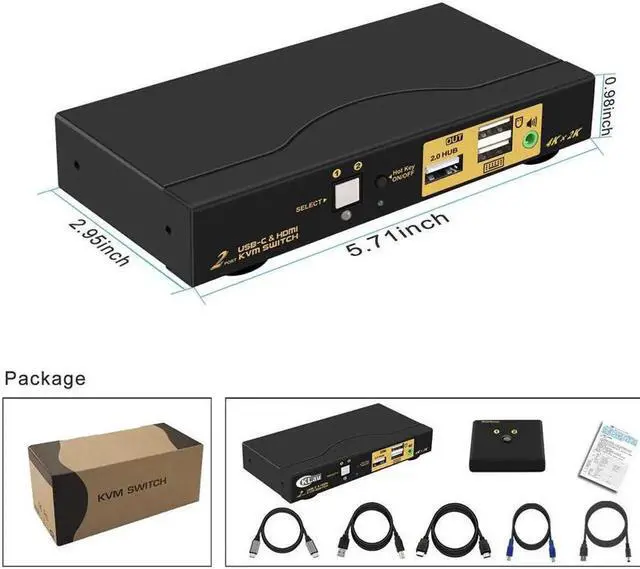Alt view image 2 of 7 - 4K@60Hz 2 Port KVM HDMI + USB-C with Audio and Cables, HDMI KVM Switch USB C for 2 Mac/Computers/Mobile Phone Sharing Monitor Keyboard Mouse
