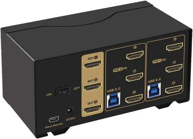 Alt view image 7 of 7 - USB 3.0 HDMI KVM Switch Triple Monitor 2 Port Extended Display 4K 60Hz with Cables and Audio 923HUA-3